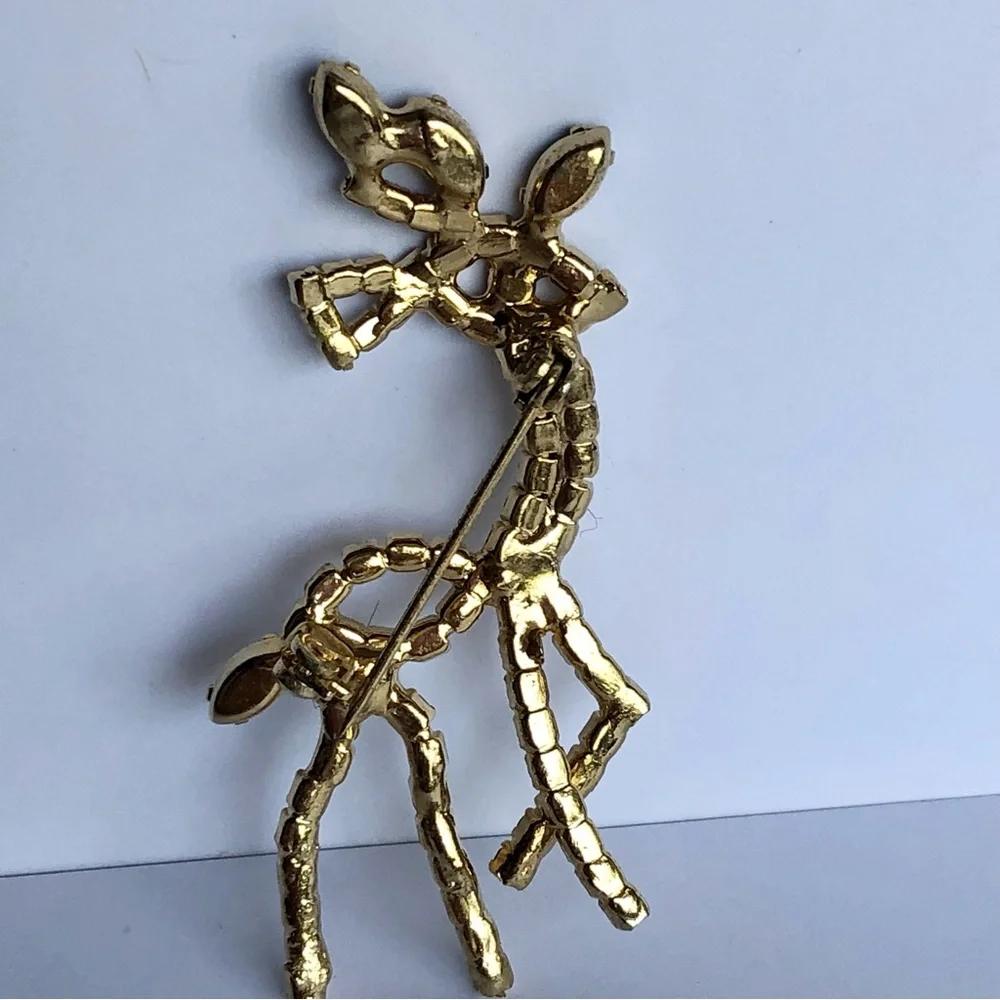 Vintage Rhinestone Reindeer Brooch Pin gold tone Rudolph